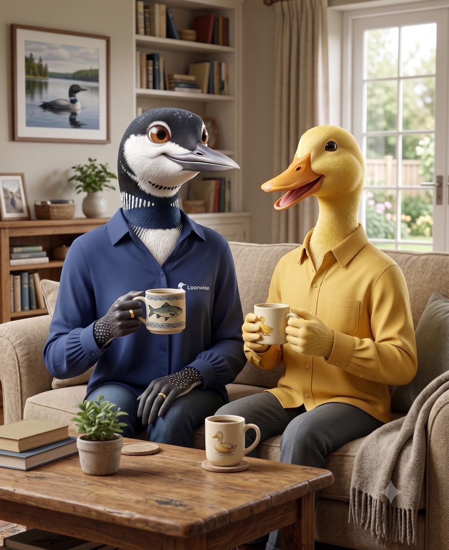 Loo the loon and a client having coffee at home, talking mortgages